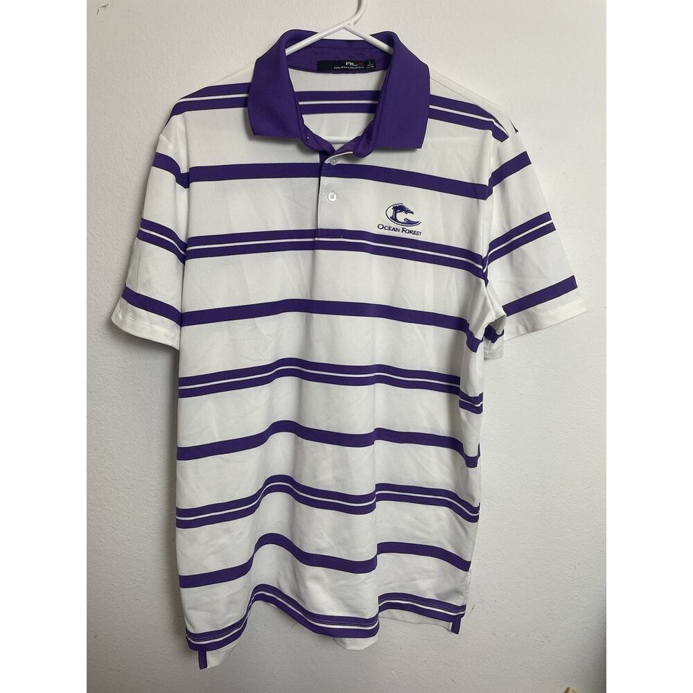Mens Large L RLX Ralph Lauren Golf Polo White Purple Ocean Forest Sea Island GA